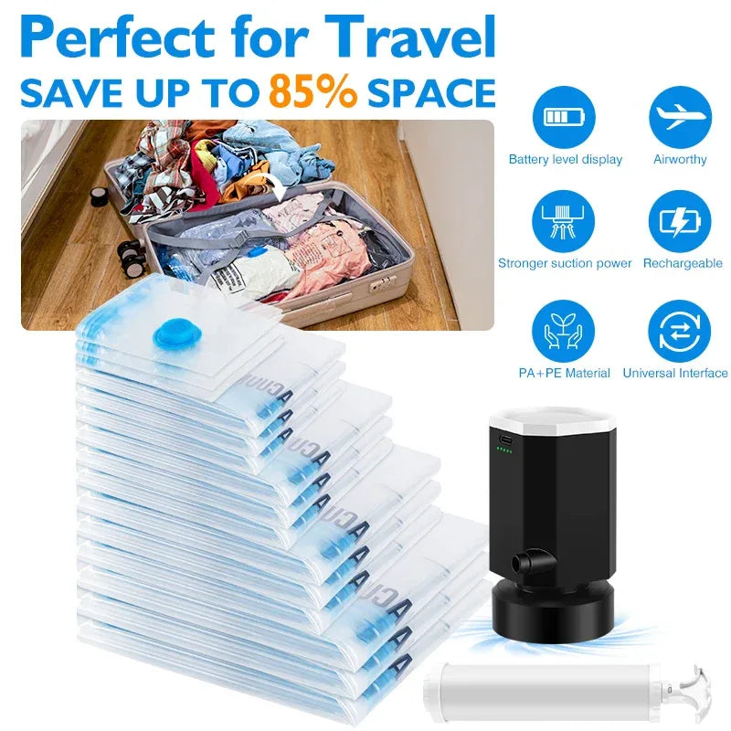Cordless Electric Pump for Vacuum Storage Bags Travel Rechargable Air Pump for Space Saver Bag Various Clothes Luggage Seal Bags