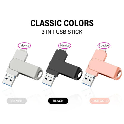 Rotate USB 3.0 Flash Drive 8GB 16GB with 3-in-1 Type-C to Lightning Interface 32GB Pendrive for iPad 11/12/13/14
