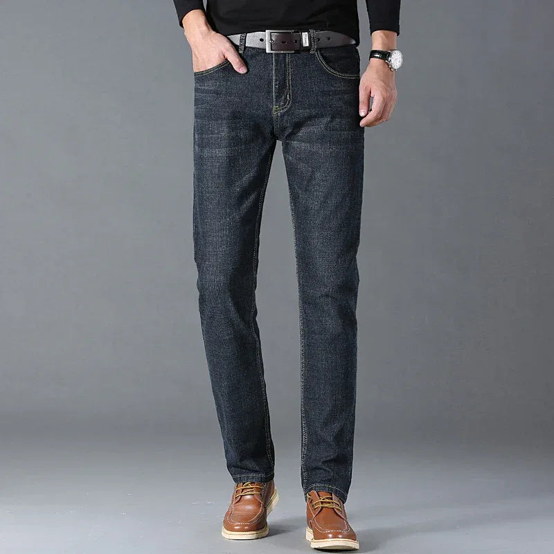 Spring Autumn Business Men Jeans Casual Straight Stretch Fashion Classic Black Sky Blue Grey Work Denim Trousers Brand Clothing