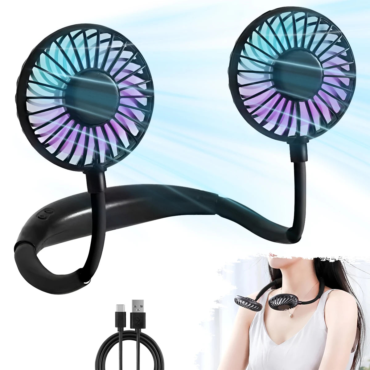 USB Rechargeable Mini Sports 3-Speed Adjustable Neck Dual Fan Home OfficeOutdoor Travel Portable Hanging Neck Fan