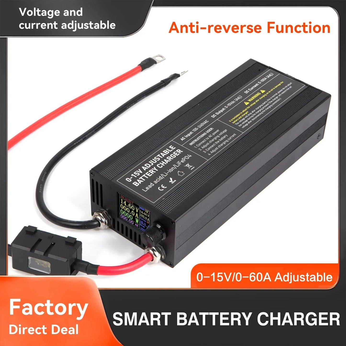 Portable 12V100A Lifepo4 Battery Charger 40A 50A Lithium Battery Charger 60A 85A with Adjustable Voltage and Current Anderson