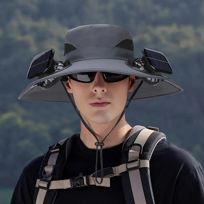 Solar Fan Hat for Men Women, Wide Brim Sun Protection Hat with Dual Solar Fans, 2-in-1 Hands-Free Cooling Cap for Hiking & Work