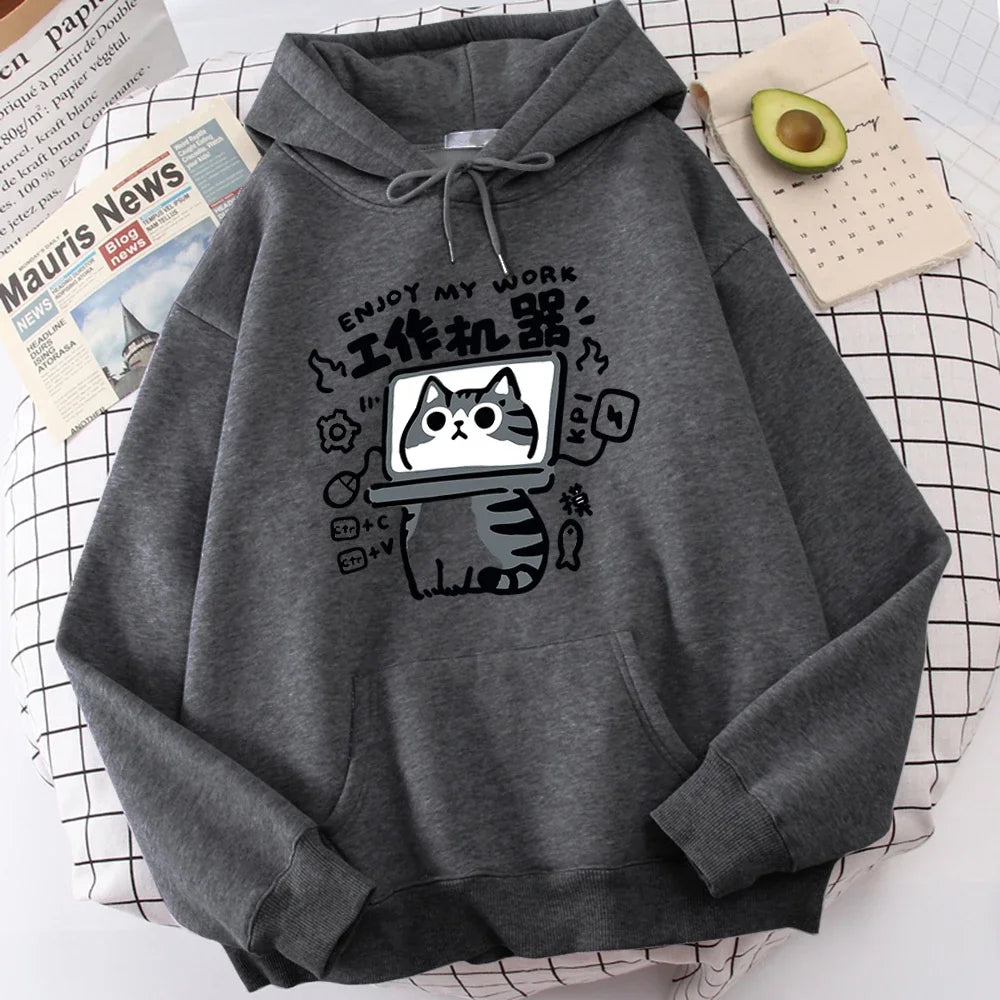 The Cartoon cat is an abstract working machine printed men's hoodie that is comfortable and casual