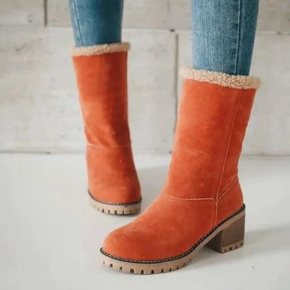Warm Fleece Lined Mid-Calf Snow Boots Women's Velvet Booties Matte Finish Booties Two-Way Wear Low Heel round Toe Winter Boots