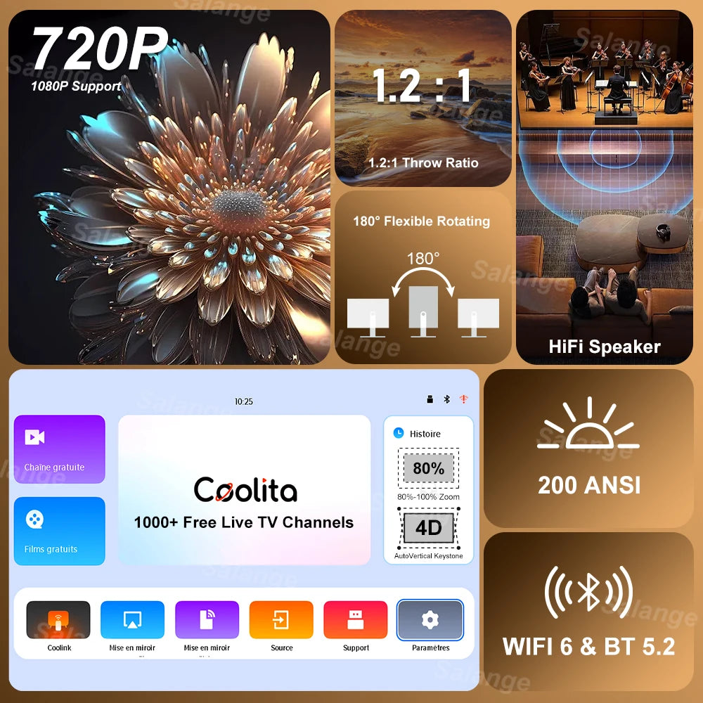 Salange X8Mini Native 720P Android 4K Projector with Lifetime Free TV Channels WiFi6 BT5 Video Projector Coolita OS Home Cinema