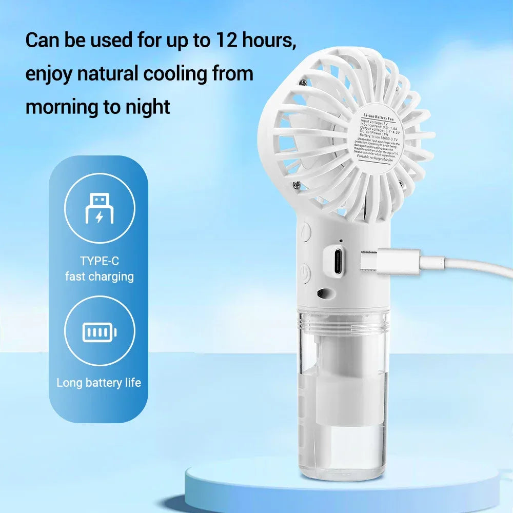 Handheld Mini Quiet Air Cooling Fan Portable Water Mist Fan USB Charging 4 Speed Humidification Spray Fan for Home Office Dorm