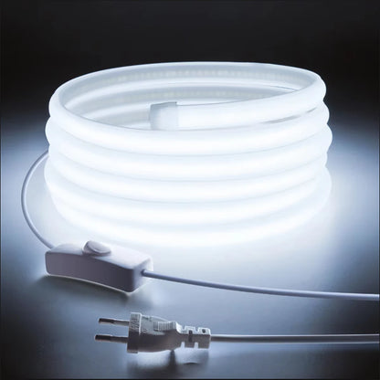 220V Super Bright COB LED Strip with Switch FOB Tape Ribbon European Standard Plug White Light Neon Lamp For Room Outdoor Garden