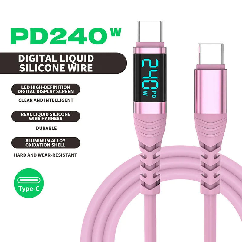 240W USB C Cable with Digital Display PD3.1 Fast Charging Cord for iPhone 17/1615 Pro Max Huawei Xiaomi iPad Laptop