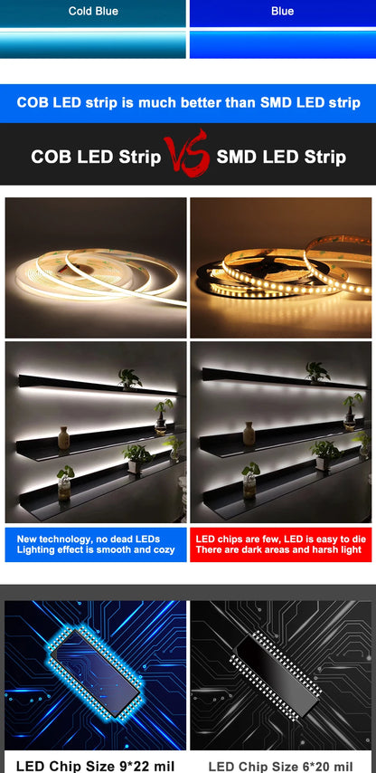3mm 5mm 8mm COB LED Strip 12V 24V Dimmable Tape LED Ice Blue Yellow Red Green Pink White For Home Decor RA90 LED Strip Lighting