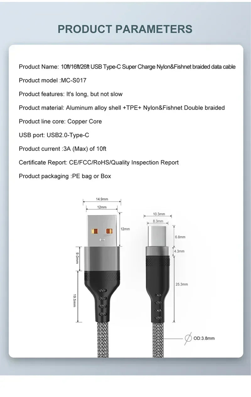 USB Type C Cable 5A Super Fast Charging Cable for iPhone 15 16 Huawei Samsung Oppo Oneplus Universal USB To USB C Extension Wire