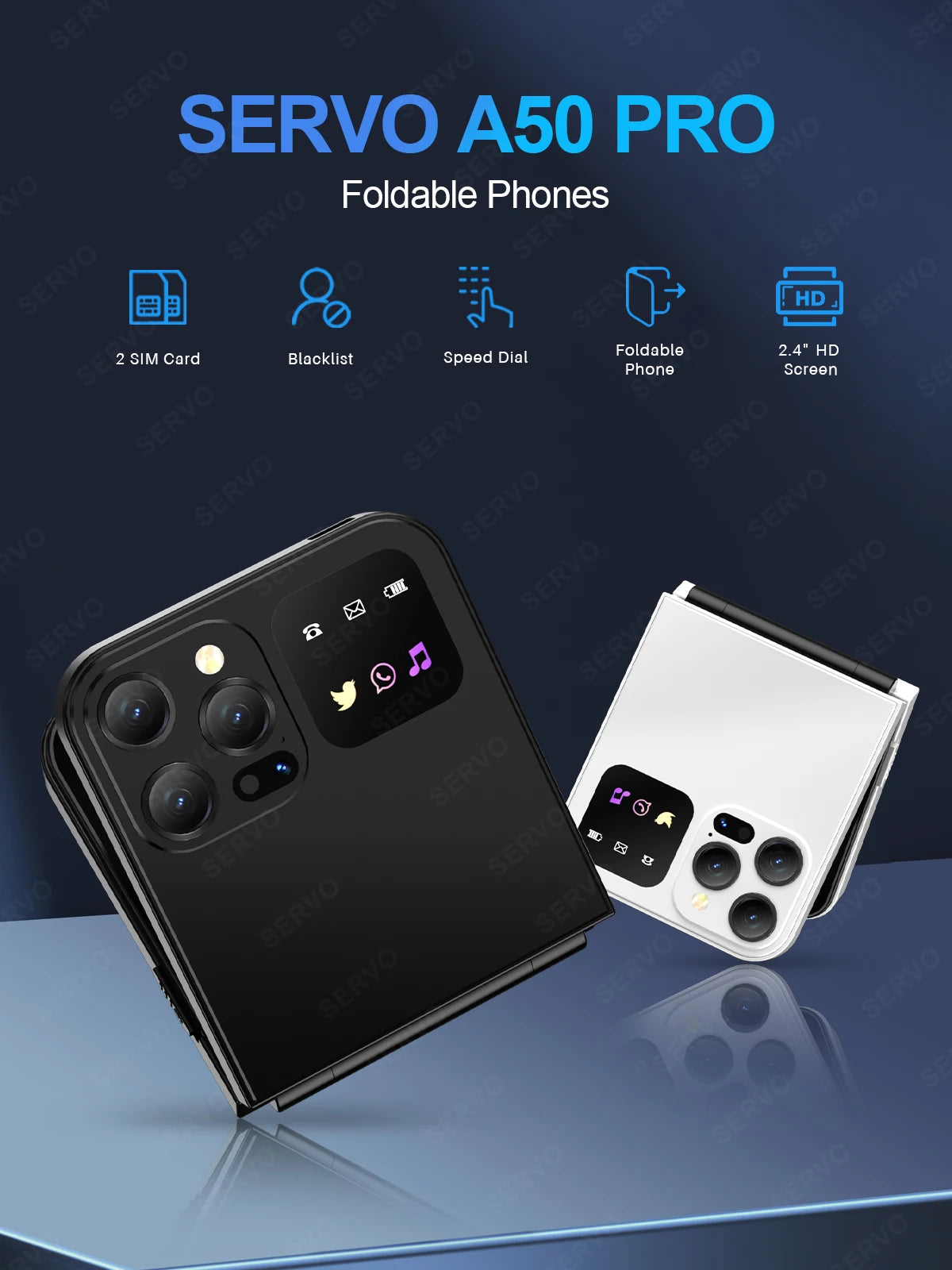 SERVO A50 PRO Flip Mobile Phone 2.4" Display Speed Dial Call Recording Blacklist 2 SIM Unlocked Foldable Cellphones New Version