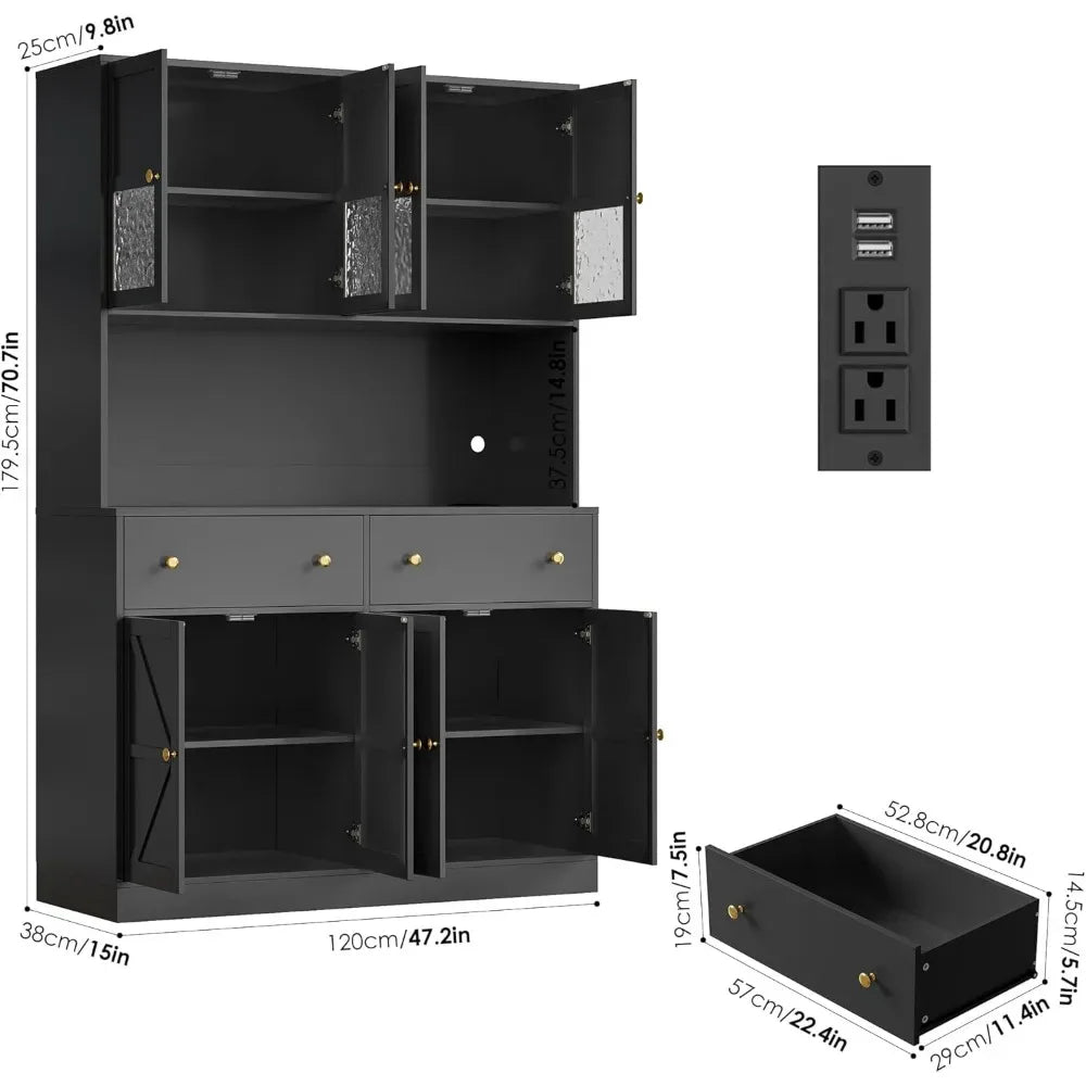 71 Inch Pantry with LED Light and Charging Station, Farmhouse Kitchen Pantry with Microwave Mount, 47.2 Inch Wide Kitchen Pantry