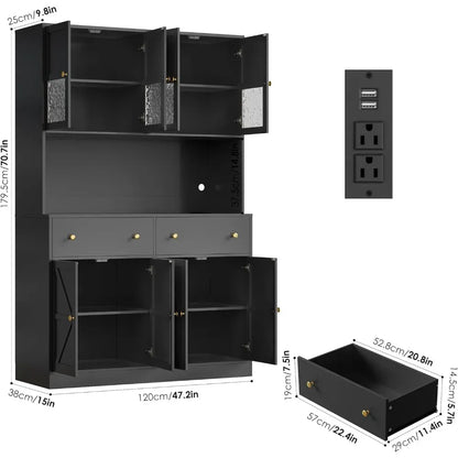 71 Inch Pantry with LED Light and Charging Station, Farmhouse Kitchen Pantry with Microwave Mount, 47.2 Inch Wide Kitchen Pantry