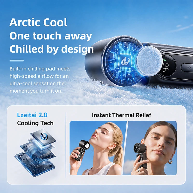 Mini Ice Compress Fan High Speed Cooling Ice Pack Fan 3000mAh 5 Speeds 180°Adjustable LED Display USB Rechargeable Portable Fans