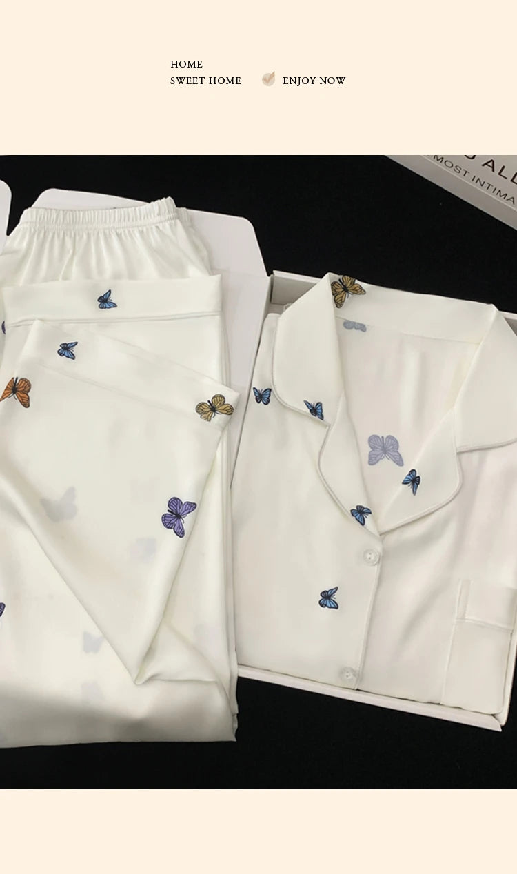 French Elegant Romantic Butterfly Print Women Pajamas Simple Ins Literary Aesthetics Sleepwear 2024 Fall Winter New Y2k Lounges