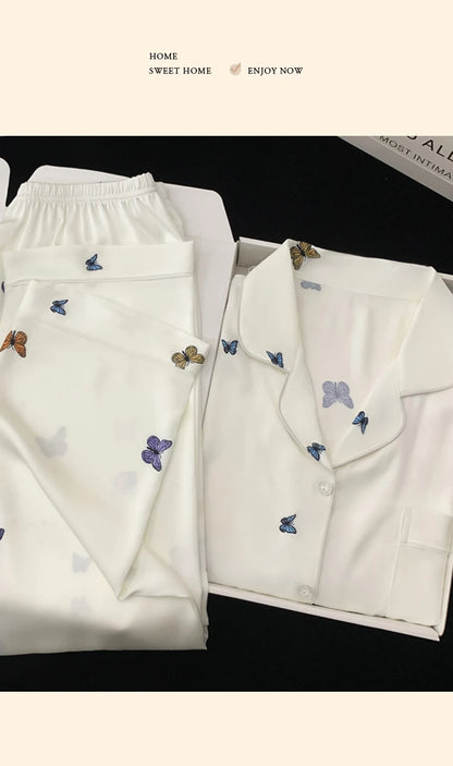 French Elegant Romantic Butterfly Print Women Pajamas Simple Ins Literary Aesthetics Sleepwear 2024 Fall Winter New Y2k Lounges