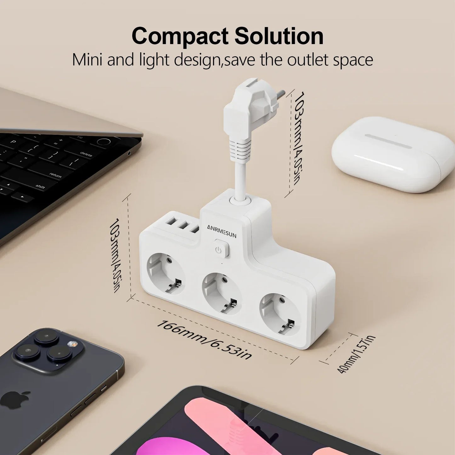3840W EU Plug Power Strip with 2USB-A and Type-C Fast Charging Outlets Adapter Electrical Socket 250V 16A with Expansion Cable