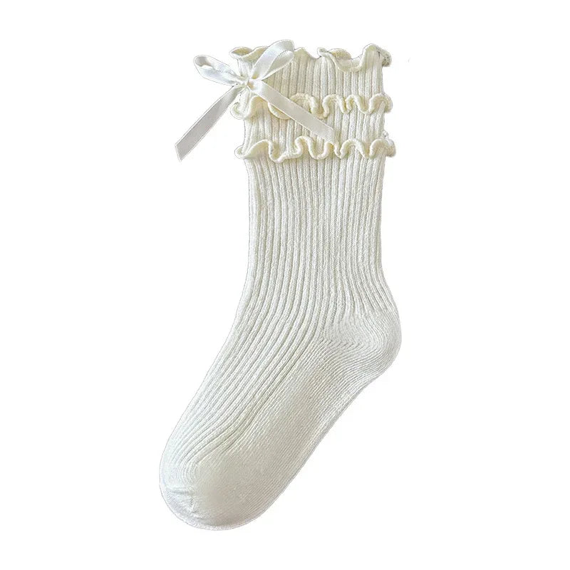 Korean Fashion Lace Lolita Calf Sock for Kids Girl Beige Black Color Ruffle Bow Children Calf Sock Spring Autumn Cotton Sock