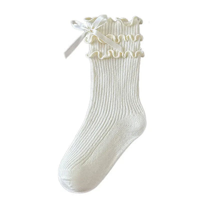 Korean Fashion Lace Lolita Calf Sock for Kids Girl Beige Black Color Ruffle Bow Children Calf Sock Spring Autumn Cotton Sock