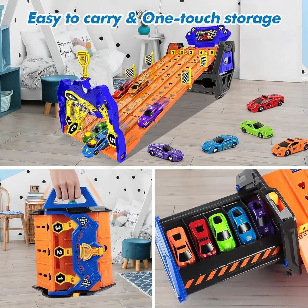 VATOS Upgraded 5 Tracks Truck Toy Cars for Boys Portable Race Track Truck Toy 5 Race Cars Carrier Vehicles Set for Kids Girls