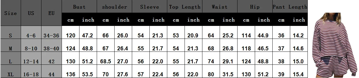 Combhasaki Women 2Piece Striped Y2k Outfits Set Casual Long Sleeve Crew Neck Shirt Tops+Elastic Waist Wide Leg Shorts Tracksuits