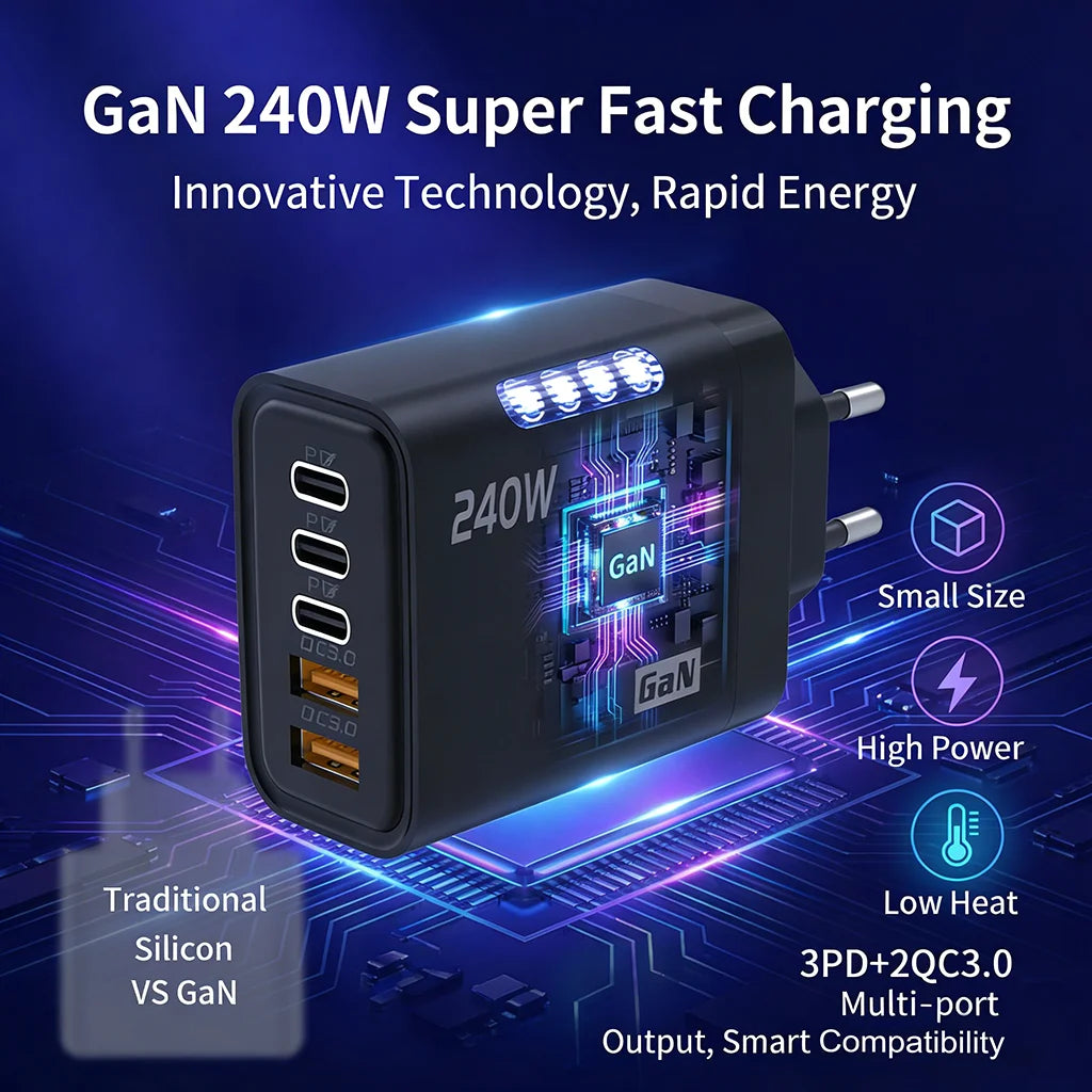 240W GaN Fast Charger 3 USB-C 2 USB-A Ports PD QC3.0 for iPhone 17 16 Galaxy S25 S24 Xiaomi 16 15 Huawei Mate 70 60 Oppo Vivo
