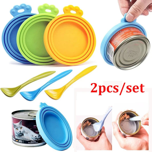 2pcs/set Reusable Pet Food Can Cover Silicone Dogs Cats Storage Tin Cap Lid Seal Cover with Spoon by PDG ibma