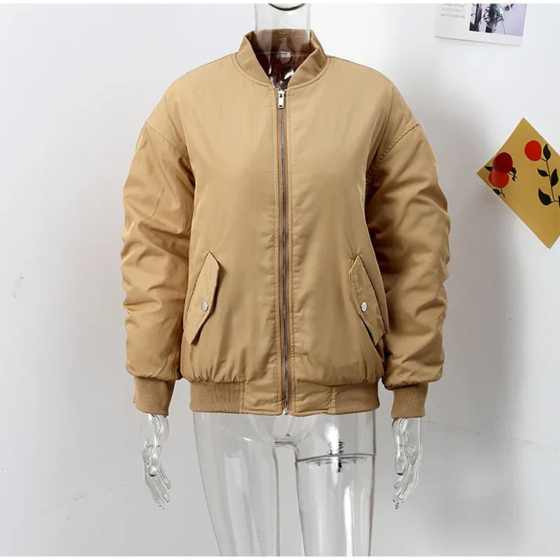 Retro Solid Zipper Cotton Jackets Women Casual Loose Bomber Jacket With Oblique Pockets Female Y2k Autumn Chic Street Outwear
