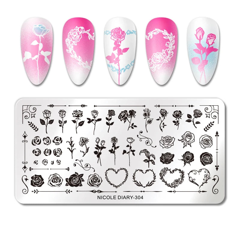 NICOLE DIARY Rose Flower Nail Stamping Plates Image Template Valentine's day Love Heart Printing Stencil Nail Art Manicure Tools