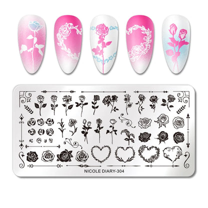 NICOLE DIARY Rose Flower Nail Stamping Plates Image Template Valentine's day Love Heart Printing Stencil Nail Art Manicure Tools