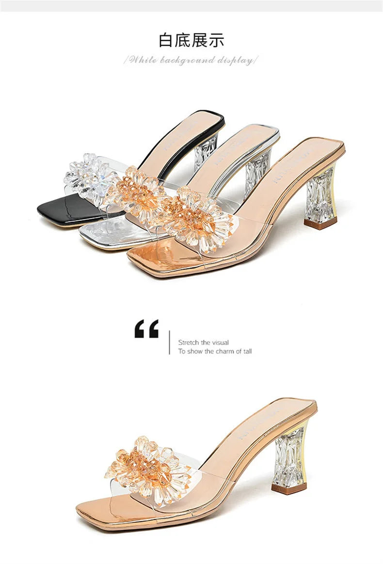 2023 Summer Square Head Open Toe Fashion Transparent Soft Flower Women's Slippers Crystal Heel New High Heel Sandals