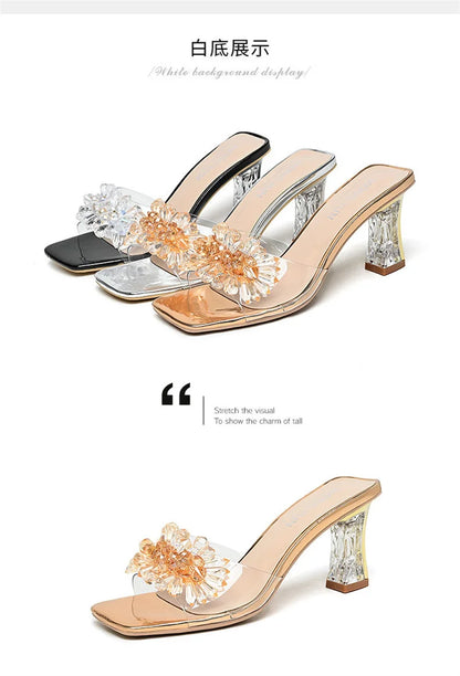 2023 Summer Square Head Open Toe Fashion Transparent Soft Flower Women's Slippers Crystal Heel New High Heel Sandals