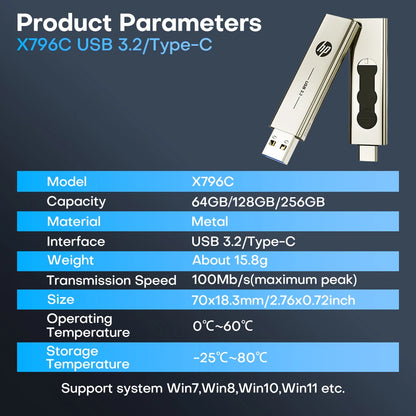 HP 256GB Memories Type-c 2-In-1 USB 3.0 Flash Drive 128GB Metal OTG Pendrive 64GB High Speed Flash Disk For Phone Computer
