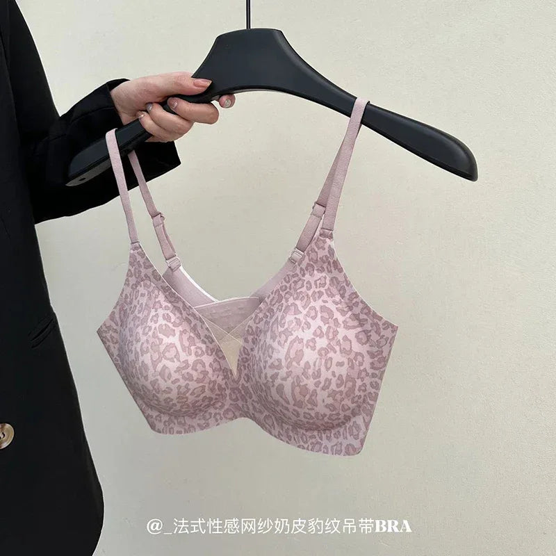 YUQI Leopard Print Bra - Ultra Thin No Underwire, Anti-Sag Bralette, Big/Small Chest Lightweight Gather, Breathable Smooth