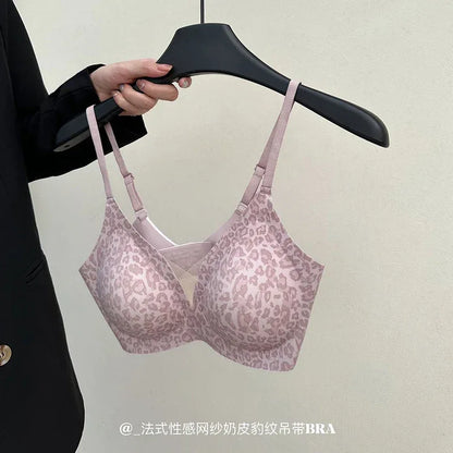 YUQI Leopard Print Bra - Ultra Thin No Underwire, Anti-Sag Bralette, Big/Small Chest Lightweight Gather, Breathable Smooth