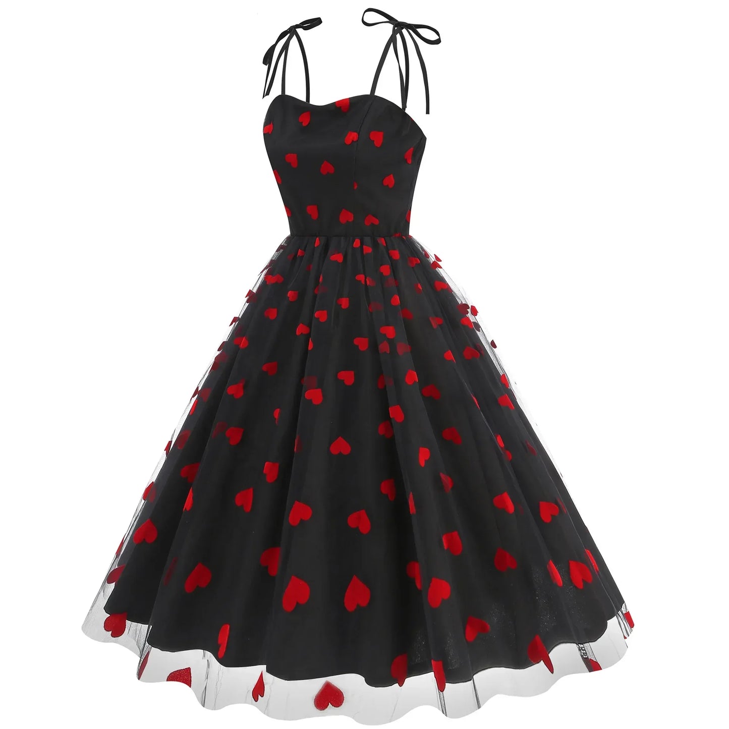 Knot Strap Strawberry Patchwork Vintage Dress 2025 Heart Flocking Valentine's Day Dress Women Birthday Party Pleated Mesh Dress
