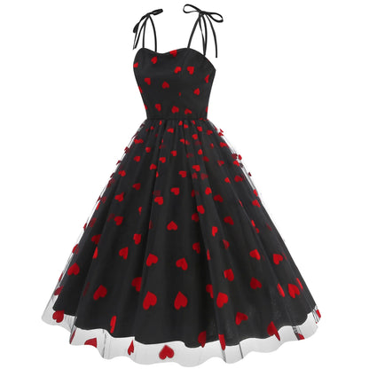Knot Strap Strawberry Patchwork Vintage Dress 2025 Heart Flocking Valentine's Day Dress Women Birthday Party Pleated Mesh Dress