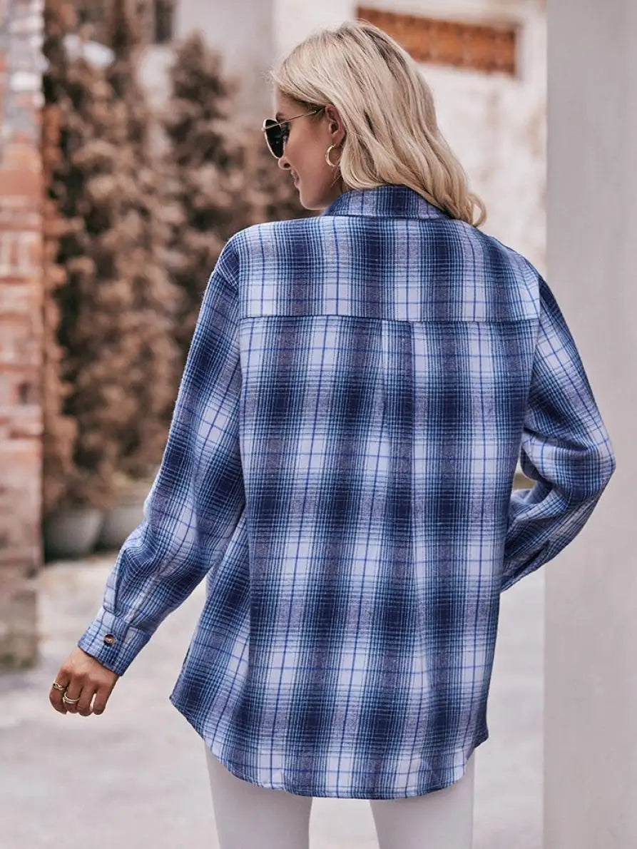 Autumn Plaid Shirt Women Long Sleeve Turn-down Collar Oversize Shirts Female Stylish Vintage Casual Blouse Ladies Chemise