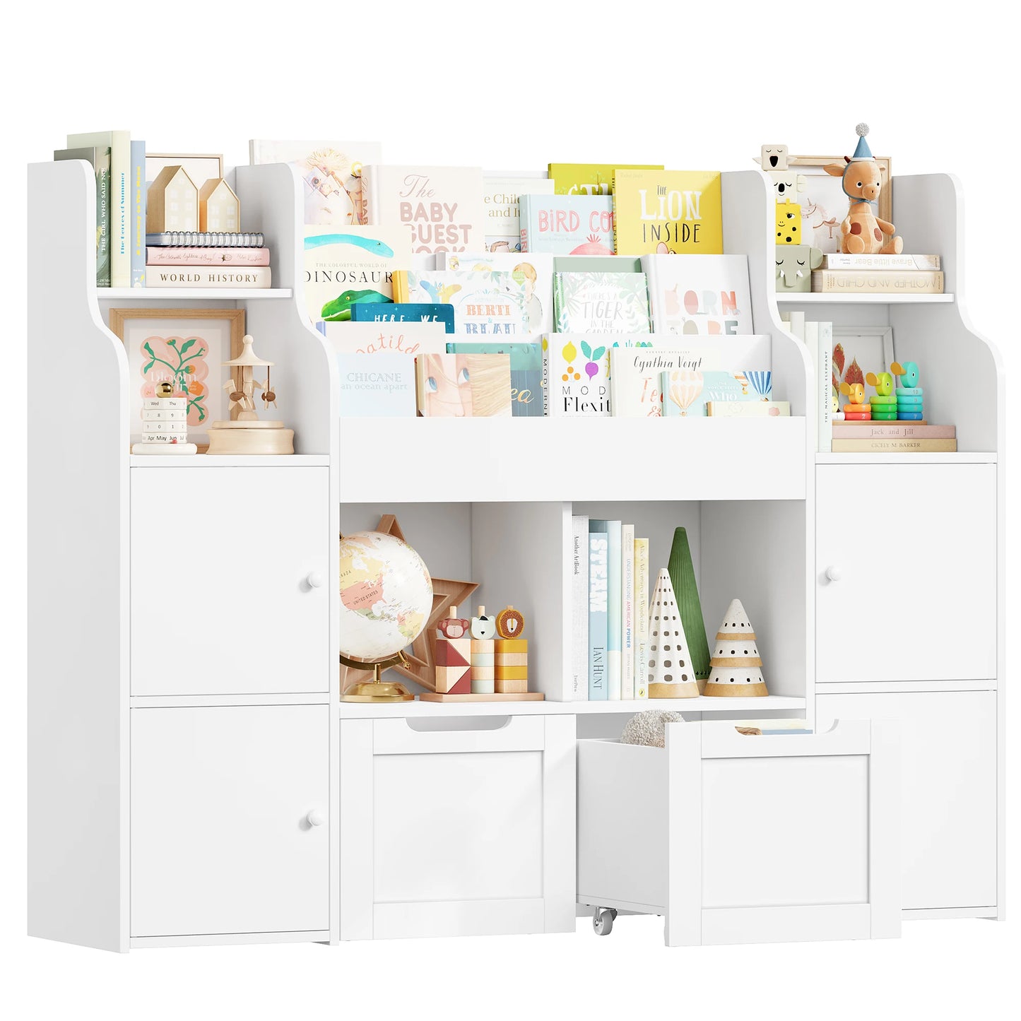 Getone Toy Storage , Childrens Bookcase,Unit 3-tier Kids Bookshelf, Kids Storage with 2 Drawers with Wheels, 4 Doors, 6 Open Shelves,multi-functional toy storage unit122x30x100cm