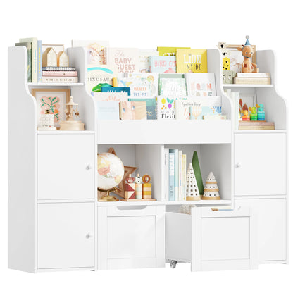 Getone Toy Storage , Childrens Bookcase,Unit 3-tier Kids Bookshelf, Kids Storage with 2 Drawers with Wheels, 4 Doors, 6 Open Shelves,multi-functional toy storage unit122x30x100cm