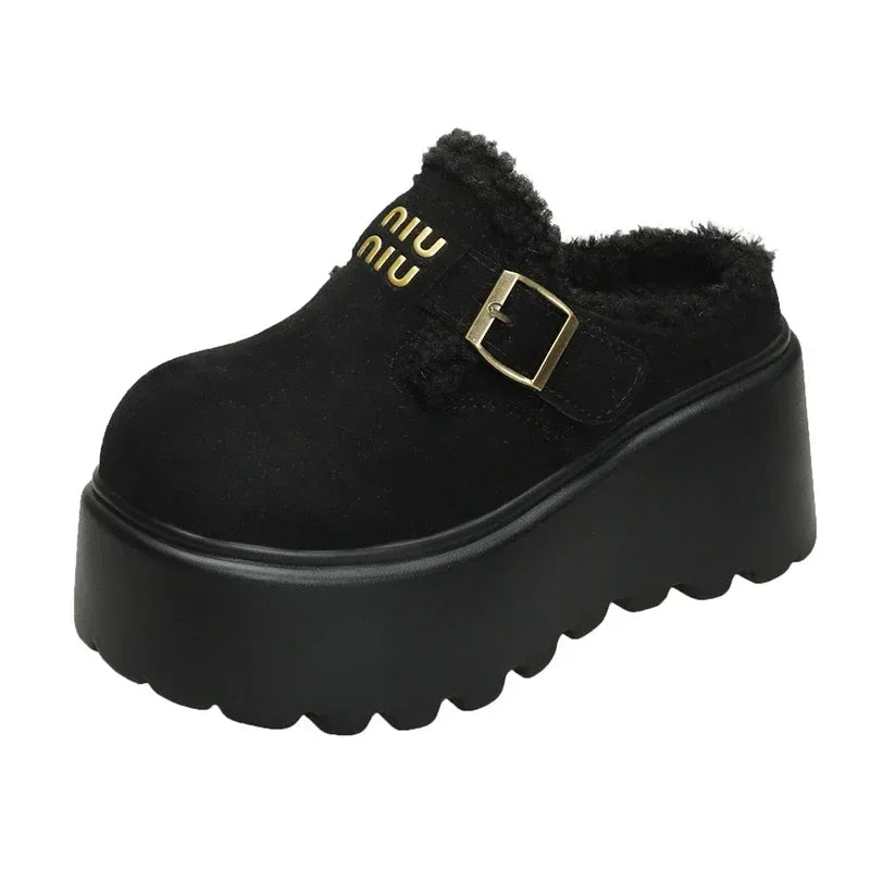 Platform High Heels Slippers Women Suede Mules Shoes Fur Warm Wedges Flip Flops 2025 Winter New Snow Boots Fashion Zapatos Mujer
