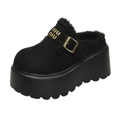 Platform High Heels Slippers Women Suede Mules Shoes Fur Warm Wedges Flip Flops 2025 Winter New Snow Boots Fashion Zapatos Mujer