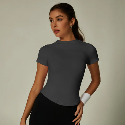 ZHEJIN Seamless Sports T-shirt Women Slim Fit Gym Workout Top Short Sleeve Yoga Shirt Curved Hem Breathable Athletic Sportswear