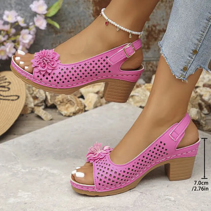 Women's Chunky Heel Sandals Summer 2026 Fashion Flower Hollow Beach Shoes Lightweight High Heeled Casual Sandals for Women