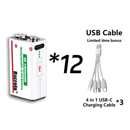 Rechargeable 9V Battery USB-C Charge,21800mWh Long-lasting 9V Li-Ion Battery with Free Cable,for Smoke Alarm,Camera,Clocks,Audio