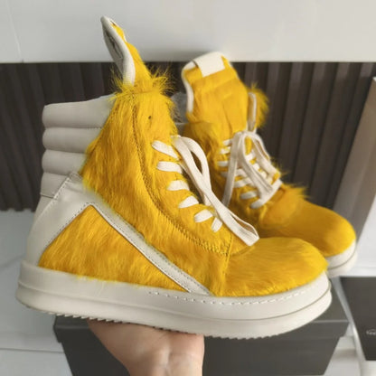 Ro Casual Shoes Men High Top Shoe Black Horse Hair Women Sneaker Black Horsehair Ankle Boot White Leather Boots Flat Sneakers