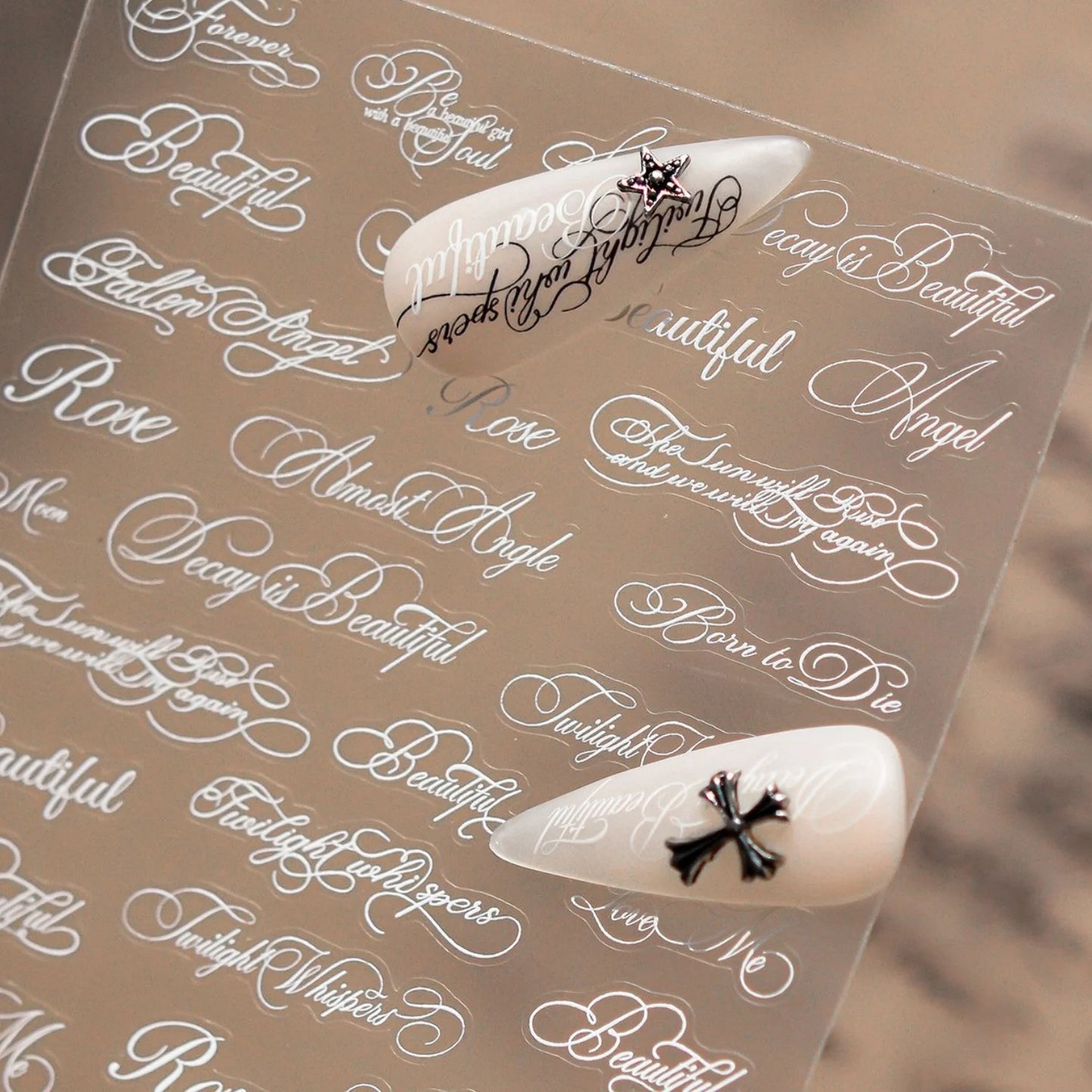 Black Script Calligraphy Words 5D Nail Art Sticker Vintage Cool Dark Gothic Style Embossed Black Lettering Nail Decals Manicure
