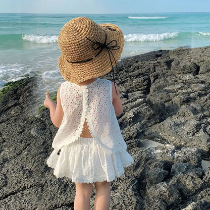 2Pcs Summer Kids Girl White Dress Sets Korean Princess Baby Sleeveless Skirt Hollow Cotton Chidlren Outfits Two Pieces Clothes