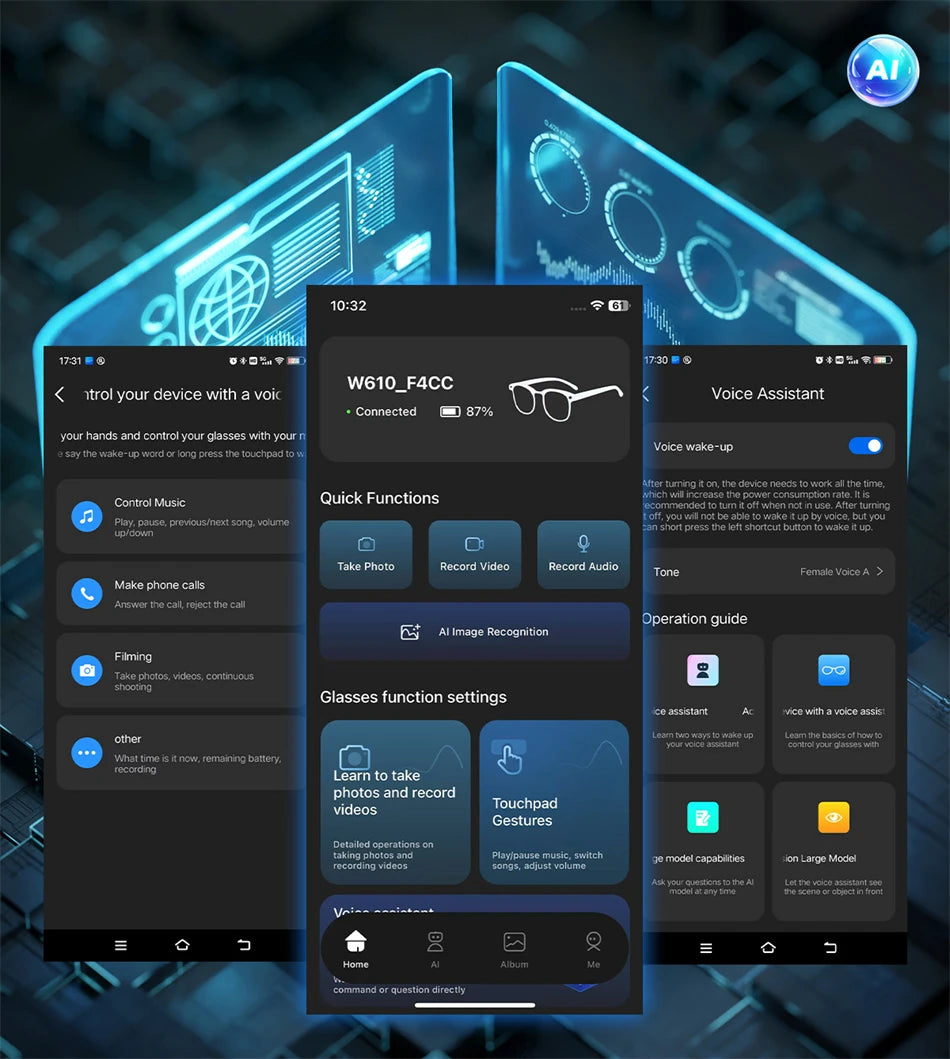 Lunettes intelligentes IA avec caméra 8 MP, enregistrement vidéo, traduction, appels Bluetooth et lecture de musique. Modèle unisexe.