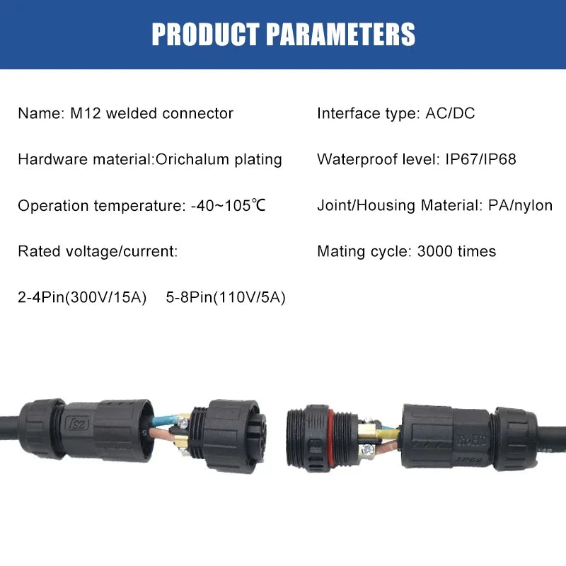 M12 Welded Connector Outdoor 2 3 4 5 6 7 8 Pin IP68 Waterproof Assembled Connector Joint Aviation Docking Male Female Plug